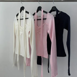 Punched Shirred Scarf Tie Long Sleeve T-shirt