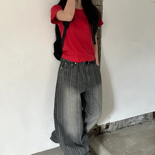 Mild Stripe Balloon Denim Pants Wide Jeans Vintage Unisex Pants