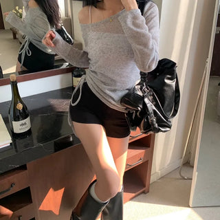 [Cinched Waist/Perfect for Midsummer~] Linen See-through Boat Neck Off-Shoulder Essential Basic Long Sleeve Knit T-shirt
