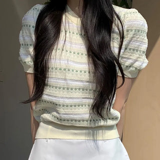 Day Punching Flower Stripe Round Short Sleeve Knit