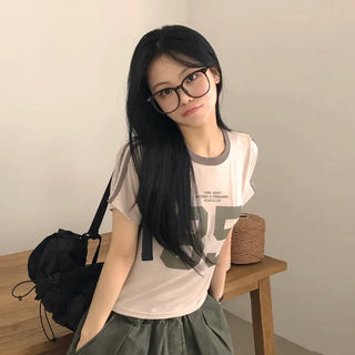 Delicate~ Slimming Look, Contrast Number Lettering Track Delicate Fit Semi-Crop Short Sleeve T-shirt