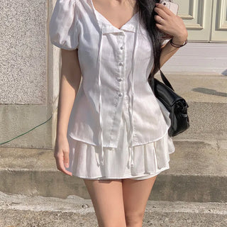 Ribbon V-neck Round Neck Cinched Waist Short Sleeve Blouse