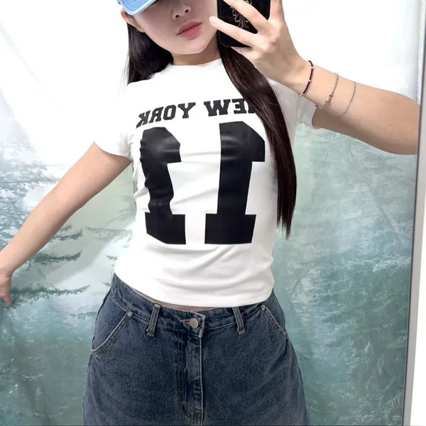 New York Number Eleven Short Sleeve  Delicate Fit Slim Fit Printed Unique Y2K Vintage Printed Short Sleeve Number Short Sleeve Uniform Crop White T-shirt Layered New York New York Short Sleeve