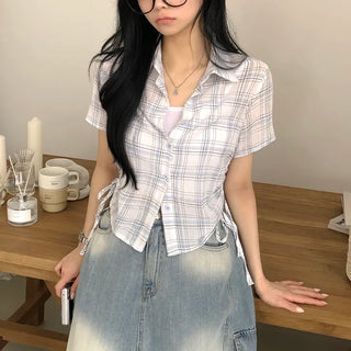 Refreshing Check Shirred Semi-Crop Short Sleeve Shirt