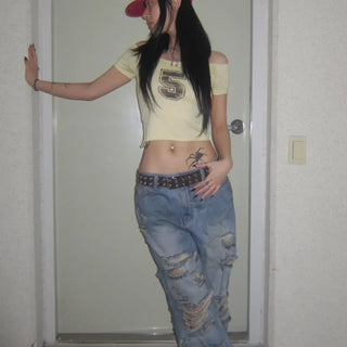 DRAKE DAMAGED JEAN Vintage Ripped Jeans Damaged Jeans Wide Semi-Wide