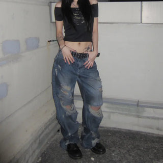 DRAKE DAMAGED JEAN Vintage Ripped Jeans Damaged Jeans Wide Semi-Wide