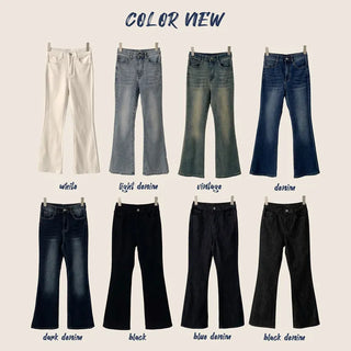 Custom fit without gaping thanks to inner elastic banding, High-waisted Inner Elastic Spandex Catbrush Sand Washed Bootcut Denim Pants