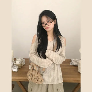 Protective Instinct Loose Fit, Summer Boucle V-Neck Shoulder Cutout Oversized Long Sleeve Knit