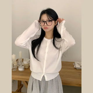 Delicate Avant-garde Fit, Basic Plain Round Loose Fit Semi-Crop Long Sleeve Knit Cardigan