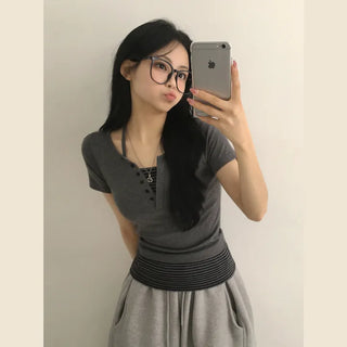 Delicate~ Slim fit, Two-tone color block striped halter neck button layered slim short sleeve t-shirt