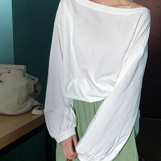 Free Boxy Loose Fit Boat Neck Off-Shoulder Long Sleeve T-shirt