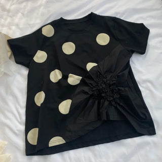 Polka Dot Floral Shirred Loose Fit Short Sleeve Tee