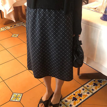 Check Long Elastic Skirt Check Skirt/Contrast Skirt/Elastic Skirt/Layered Skirt