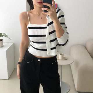 Like Striped Sleeveless Cardigan Set