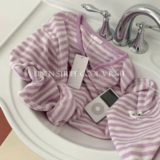 Nep Linen Striped Cool V-neck Knit