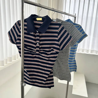 Shirred Stripe Short Sleeve Collared T-shirt
