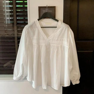 Forest Balloon V-Neck Pintuck Blouse, Oversized Plus Size, A-Line Long Sleeve, Wedding Guest Look, Collarless Body-Correcting Shirt