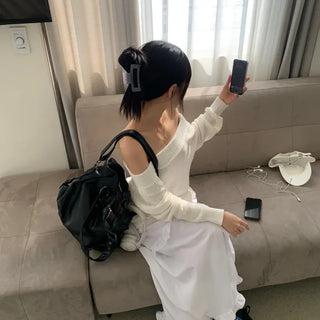 [Sal-anta Must-Have/Delicate~] Summer Lip Neck Off-Shoulder Loose Fit Asymmetrical Long Sleeve Knit