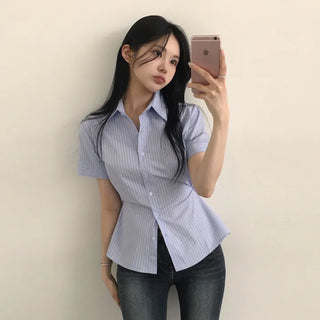 Waist button creates a cinched fit, Striped Two-Way Short Sleeve Shirt