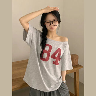 Protective Instinct Loose Fit, Off-Shoulder Number Print Boxy Delicate Fit Short Sleeve T-shirt