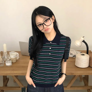 Soft, Color-Blocked Striped Collared Button Delicate Fit Short Sleeve Knit