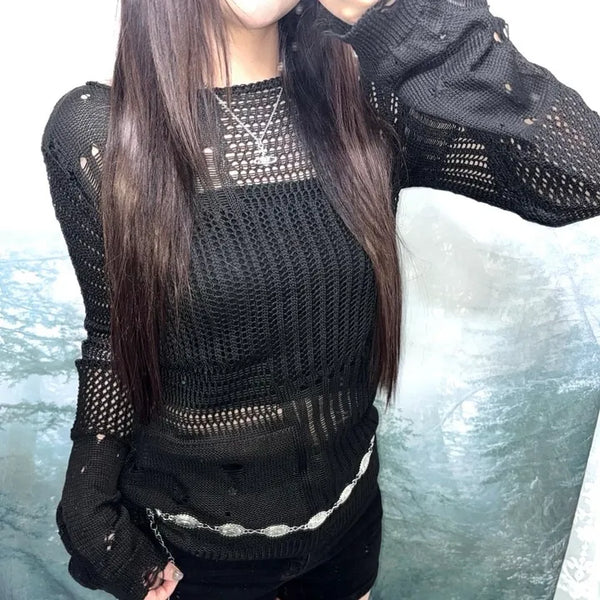 Unique Damaged Mesh Knit Top  Delicate Fit Loose Fit Damaged Knit Vintage Y2K Summer Long Sleeve Cover-up Layered Mesh Knit Mesh Knit See-through Long Sleeve Tee Knit Summer Salanta Summer Knit