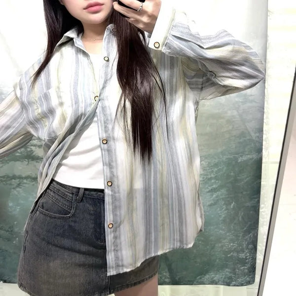 Vintage Striped Gauze Shirt  Oversized Loose Fit Gauze Shirt Shirt See-through Summer Outerwear Salanta Summer Shirt Summer Shirt Cover-up Vintage Daily y2k