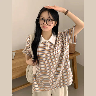 Comfortable Mixed Color Block Stripe Collar Button Boxy Short Sleeve T-shirt