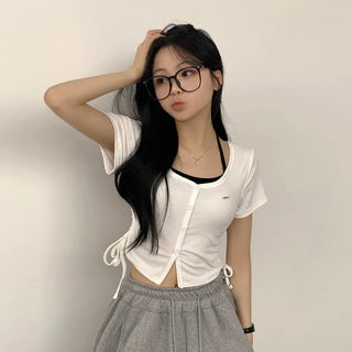 Delicate~ Slim Fit, Halter Neck Back Ribbon Strap Sleeveless One-piece Layered U-Neck Side Shirring Cropped Short Sleeve Cardigan T-shirt