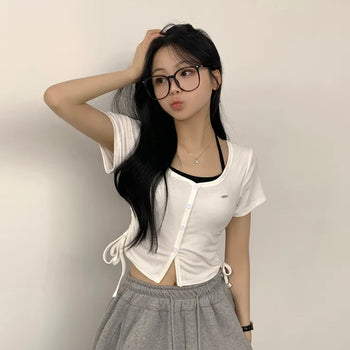 Delicate~ Slim Fit, Halter Neck Back Ribbon Strap Sleeveless One-piece Layered U-Neck Side Shirring Cropped Short Sleeve Cardigan T-shirt