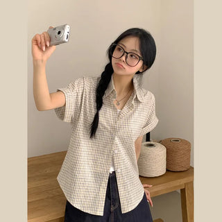 Lovely Mood, Peanut Vintage Small Check Roll-up Loose Fit Short Sleeve Shirt