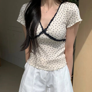 Flore Flower Crochet Lace V-Neck Short Sleeve T-Shirt