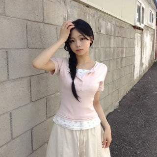 Balletcore U-neck Button Flower Ribbed Sleeveless Layered Delicate Fit T-shirt