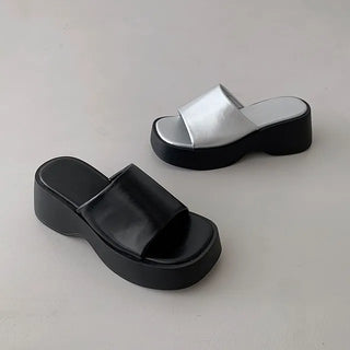 ◈6.5cm◈ Platform Slippers Chunky Height-Increasing Platform Heel Mules Summer Slippers Unique Silver Sandals Shoes