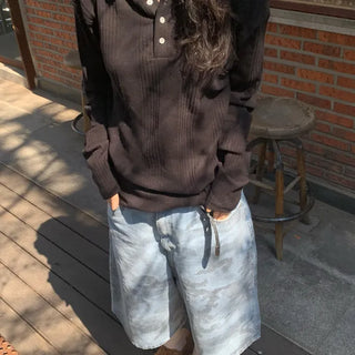 [UNISEX] Ribbed Button Long Sleeve Hooded Knit (4 colors)