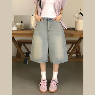Guaranteed Perfect Fit, Vintage Washed Mid-Rise Carpenter Denim Bermuda Shorts