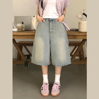 Guaranteed Perfect Fit, Vintage Washed Mid-Rise Carpenter Denim Bermuda Shorts