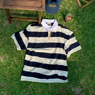 From Rugby Collar Contrast Short Sleeve T-shirt Striped Plus Size T-shirt