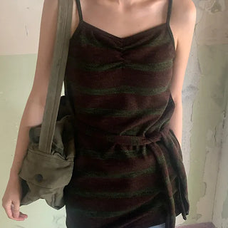 Chocolate Color Block Striped Shirred Sleeveless Mini Dress