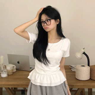Delicate~ Slimming, Frill Bustier Sleeveless Layered Shirred U-Neck Delicate Fit Short Sleeve T-shirt