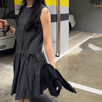 Mame Pleated A-Line Nylon Rustling Sleeveless Mini Dress Belt Set