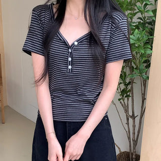 Coco Striped V-Neck Button Slim Fit Short Sleeve T-Shirt