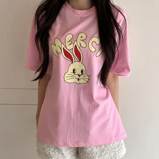 Bunny Bunny Rabbit Round Neck Short Sleeve T-shirt Oversized Loose Fit