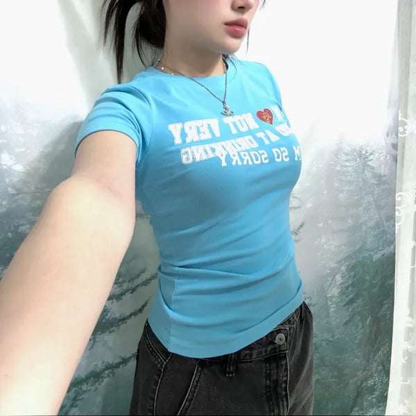 Aqua Heart Slim Short Sleeve Tee  Slim Fit Delicate Fit Semi-Crop Short Sleeve T-shirt Summer Short Sleeve Aqua Blue Heart Short Sleeve Printed Lettering Vintage Y2K Unique Daily