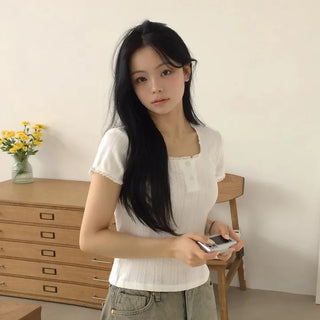 Double the cuteness with heart buttons, Lace Square Neck Heart Button Eyelet Punching Cotton Short Sleeve T-shirt