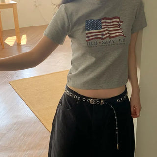 Crop American Flag Print Short Sleeve Tee (2 colors)