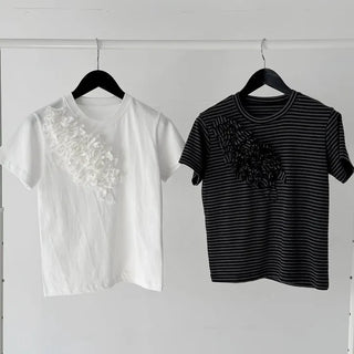 Unique corsage short-sleeve t-shirt striped spandex crop embroidered t-shirt