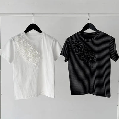 Unique corsage short-sleeve t-shirt striped spandex crop embroidered t-shirt