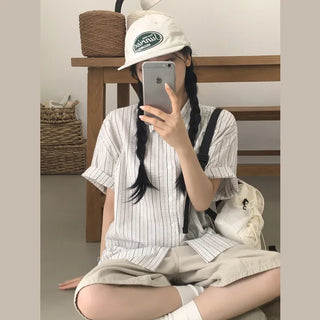 Comfortable even in midsummer, Seersucker Stripe Boxy Oversized Short Sleeve Shirt