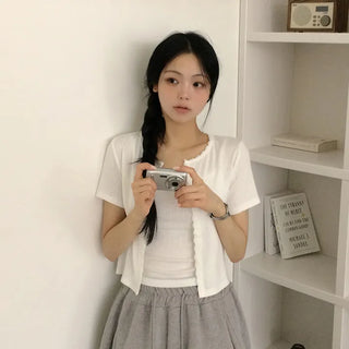 Delicate~ Eyelet Punching Lace Ribbon Semi-Crop Sleeveless Round Neck Short Sleeve Cardigan Layered Two-Piece Set